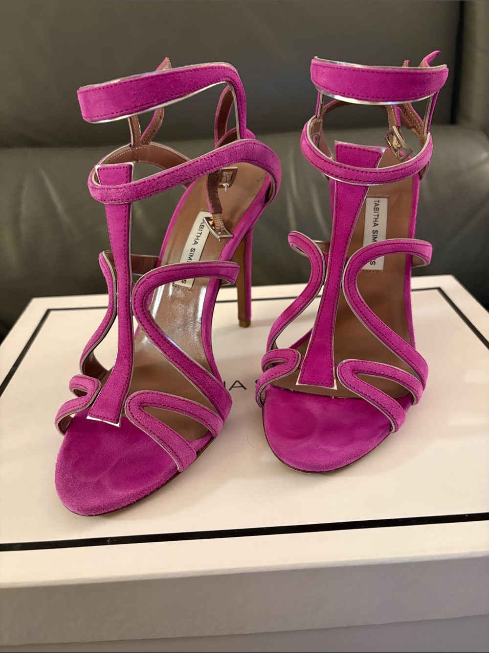 Tabitha Simmons Magenta and Silver Suede Strappy High Heels